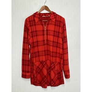 Soft Surroundings Pullover M Red Plaid Kangaroo Pocket 1/2 Zip Outdoors Camping